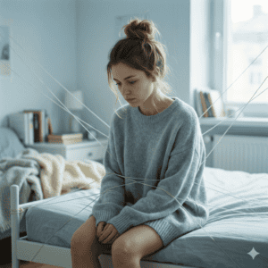 Femme tenue par des mécanismes inconscients, représentés par des fils assis sur un lit. 