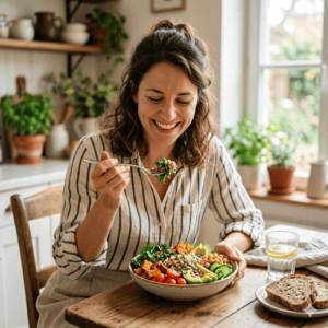 Femme qui sourit devant son bol d'aliments