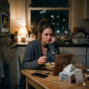 femme en deuil devant cadre photo à table