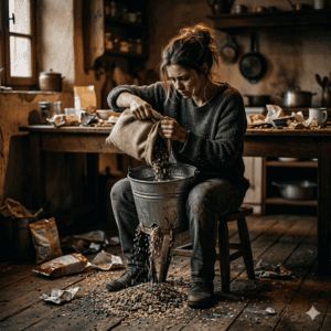 femme qui remplit un seau perçé