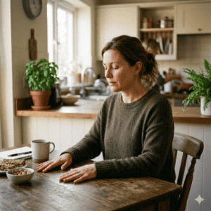 femme pause consciente mains sur table