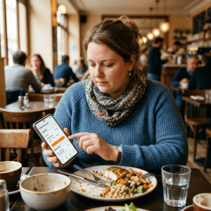 femme avec du surpoids qui note tout ce qu'elle mange avec une appli de calories count. 