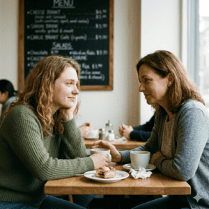 Deux femmes dans un café discutent de manière empathique et soutenante.