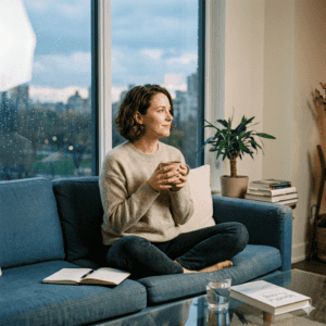 Femme en tailleur sur son canapé, un jour de pluie