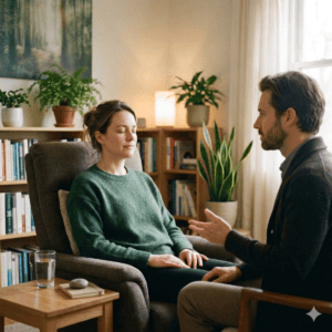 Thérapeute en séance d'hypnose avec une patiente, les yeux fermés