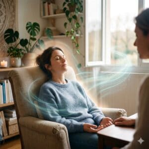 hypnose femme dans fauteuil cabinet 