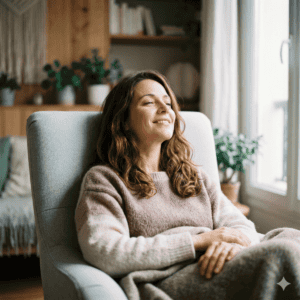 femme apaisée dans son fauteuil hypnose 