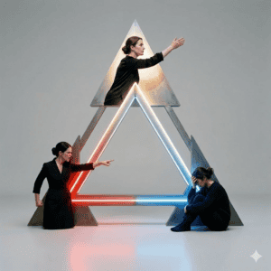 Triangle dramatique de Karpman :
- Victime
- Bourreau
- Sauveur