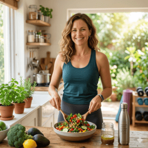 femme souriante qui cuisine une salade