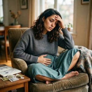 femme se tient le ventre, elle a un SOPK