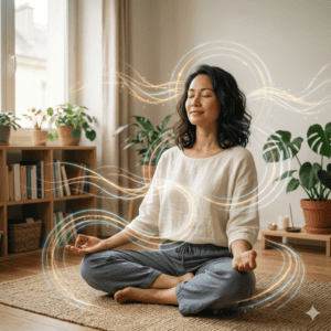 hfemme qui fait de l'hypnose par terre en tailleurs