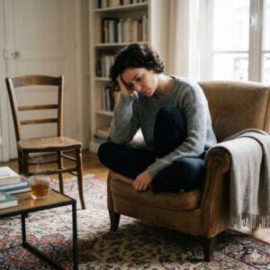 femme se pose des questions dans son fauteuil 