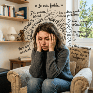 Femme qui se tient dans un fauteuil avec des pensées obsessionnelles