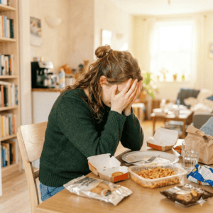 fille se cache les yeux de honte devant aliments de crise de boulimie
