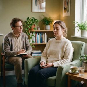 Femme, les yeux fermés dans un fauteuil vert, avec hypnothérapeute 