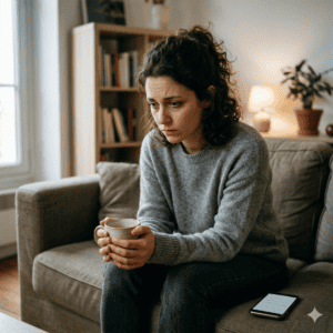 femme inquiète sur canapé avec thé