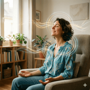 Une femme, les mains vers le ciel, fait de l'hypnose dans son fauteuil.