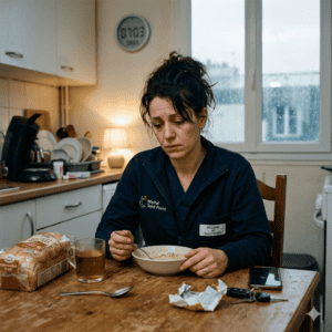 Infirmière devant sa table de cuisine, désespérée et fatiguée 