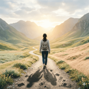 Femme de dos sur chemin lumineux, entre les montagnes ensoleillées 
