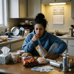 Femme dans sa cuisine, crise, anxiété et compulsion. 