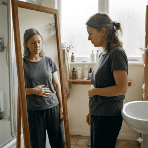 Femme ménopausée devant miroir