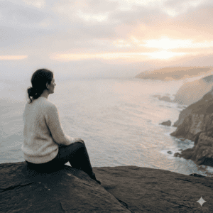 femme regarde l'horizon sur falaise
