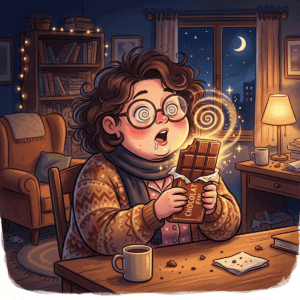 femme hypnotisée par le chocolat le soir