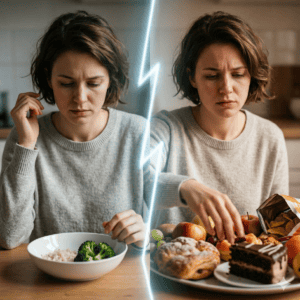 cycle restriction / excès femme devant nourriture